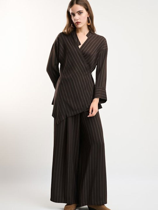 Women's Brown Set with High Rise Trousers Striped
