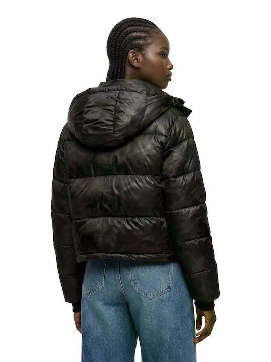 Crop Дамско Puffer Яке за Зима Черно