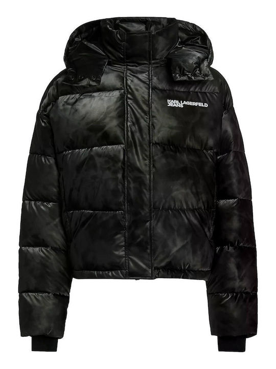 Crop Дамско Puffer Яке за Зима Черно