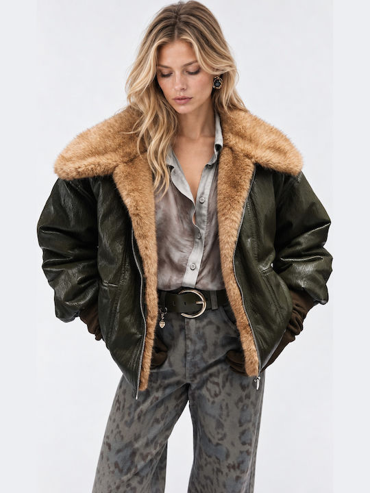 Leder Damenjacke für Winter Khaki