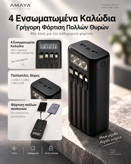 Amaya APB-P310 Външна Батерия 30000mAh 12W Вградени Кабели LED Фенер Черен