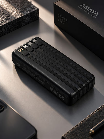 Amaya Apb-f239l Външна Батерия 20000mah 22.5w Вградени Кабели Led Фенер Черен