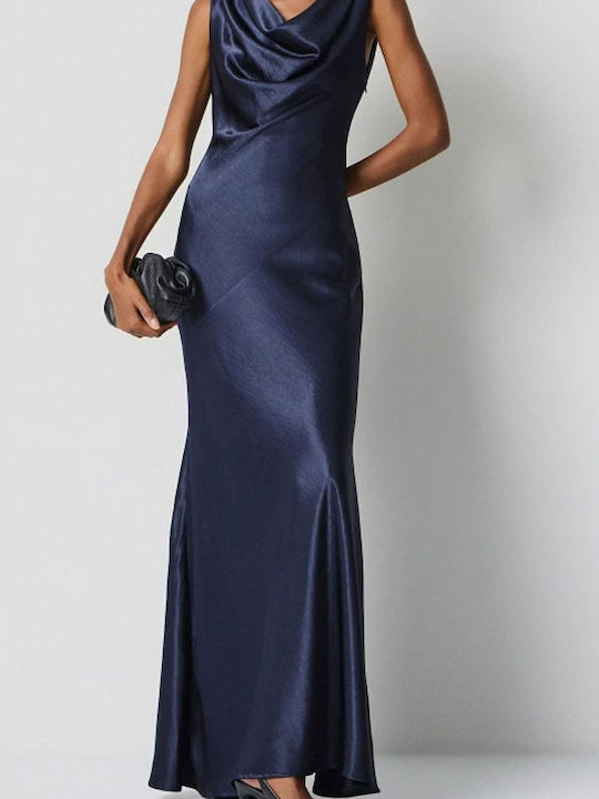 Rochie Maxi de Seara Satin Drapat Albastru Inchis