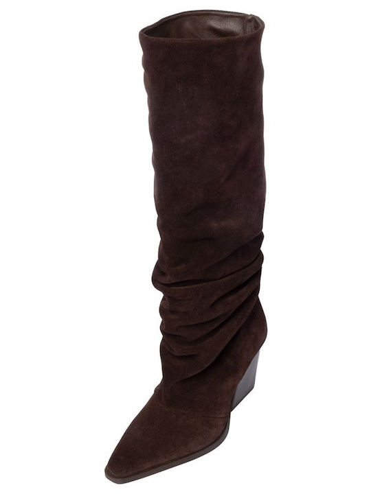 Leather Women's Cowboy Boots with High Heel Brown