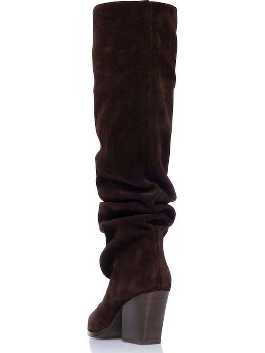 Leather Women's Cowboy Boots with High Heel Brown
