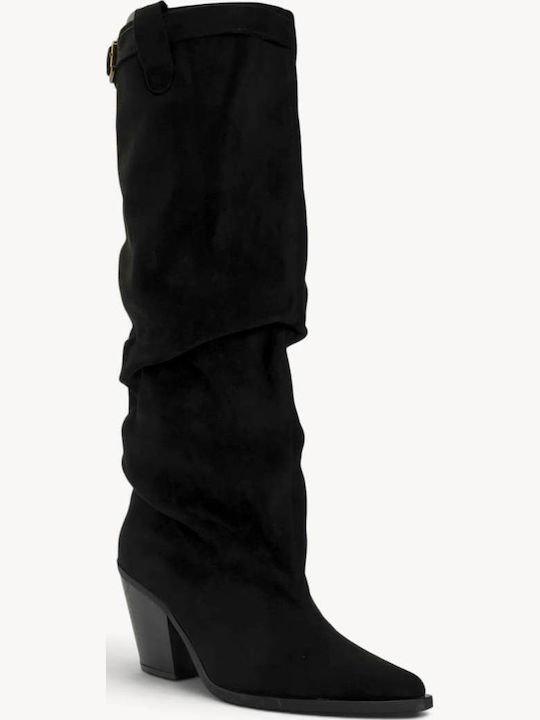 Schwarze Wildleder Damenstiefel Western Gürtelschnalle