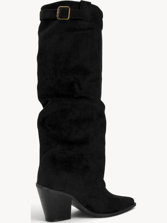 Schwarze Wildleder Damenstiefel Western Gürtelschnalle