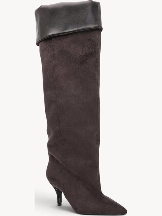Braune Wildleder Damenstiefel mit Umgekehrtem Abschluss und Spitzem Schnitt