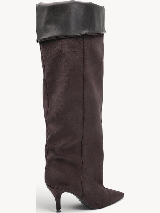 Braune Wildleder Damenstiefel mit Umgekehrtem Abschluss und Spitzem Schnitt