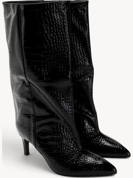 Schwarze Krokodilleder Damenstiefel Mit Pelz Mit Spitzer Linie