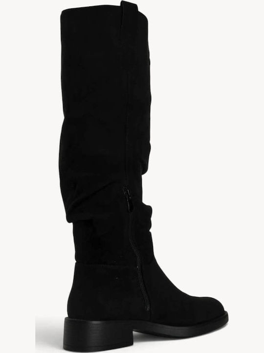 Cizme Dama Slouch Negre Din Suede Cu Toc Jos