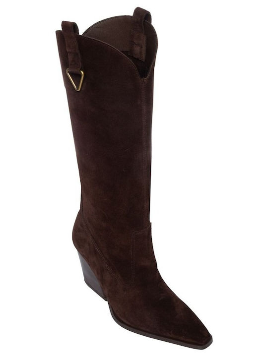 Leather Women's Cowboy Boots with High Heel Brown