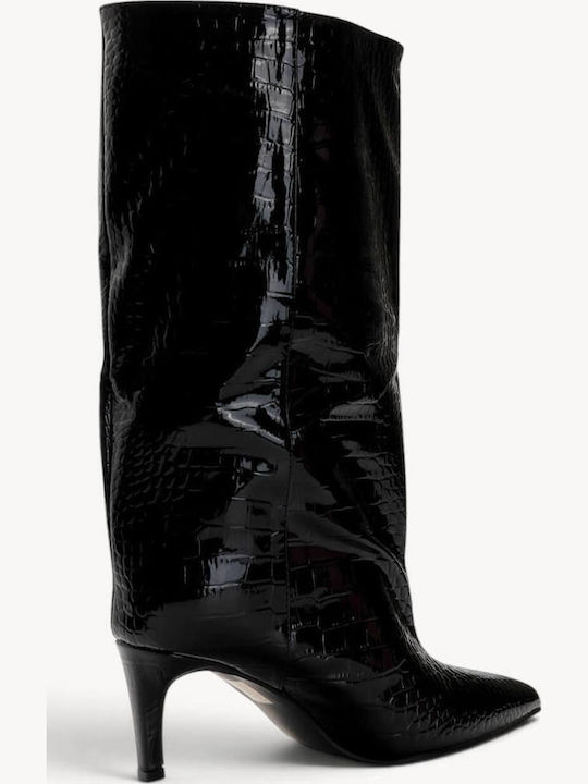 Schwarze Krokodilleder Damenstiefel Mit Pelz Mit Spitzer Linie
