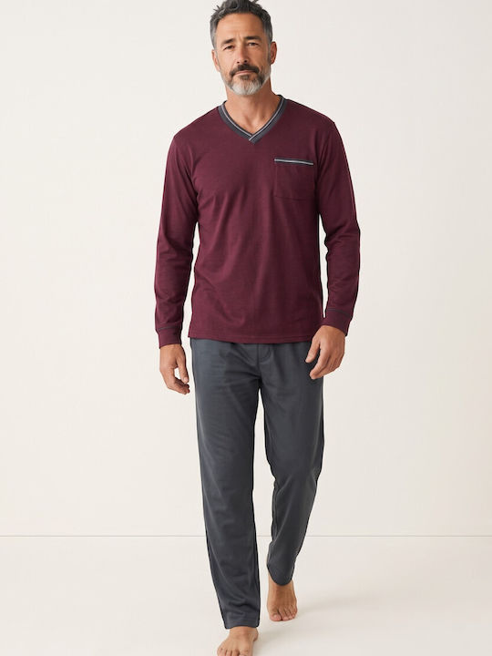 Men's Pyjama Collection Urban V-neck Fleece 65% Cotton Greek Made Burgundy Cl2715-62-Burgundy