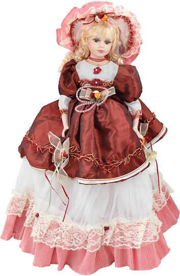 Decorative Porcelain Doll Height 62 Cm Burgundy Pink Dress Hat Keskor 22406-5
