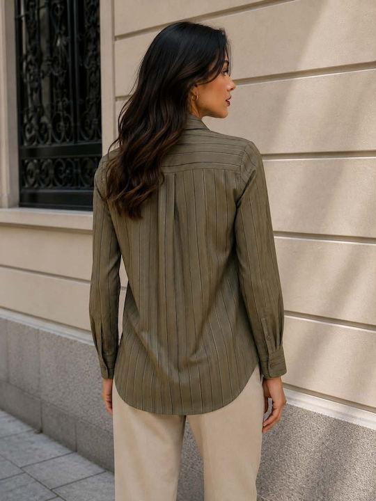 Long Sleeve Women's Satin Shirt Olive Green Striped