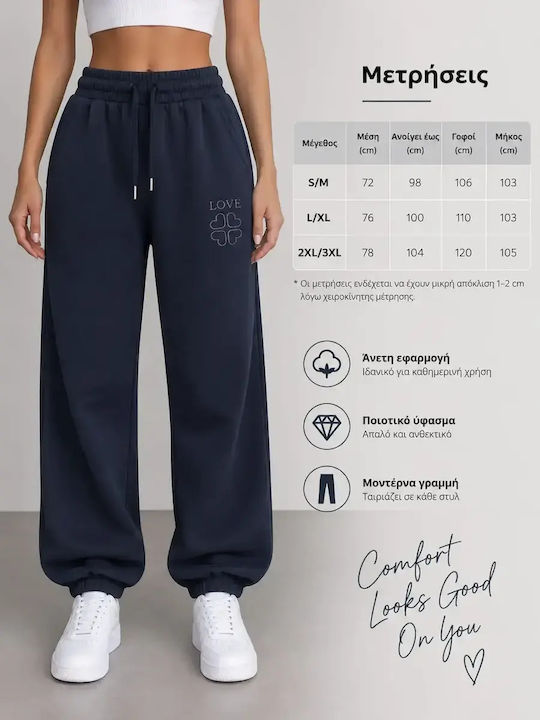 Hohe Taille Damen Jogginghose Breit Fleece Blau