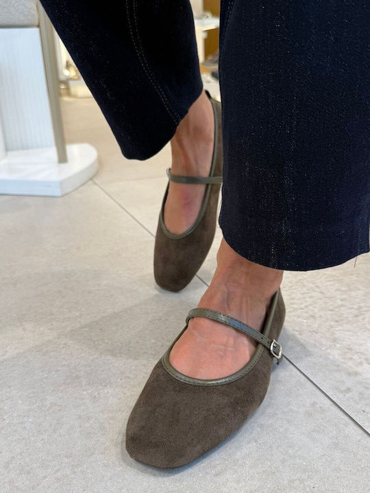 Wildleder Damen Ballerinas Spitz zulaufend Mary Jane mit Riemchen / Riemchenverschluss Khaki