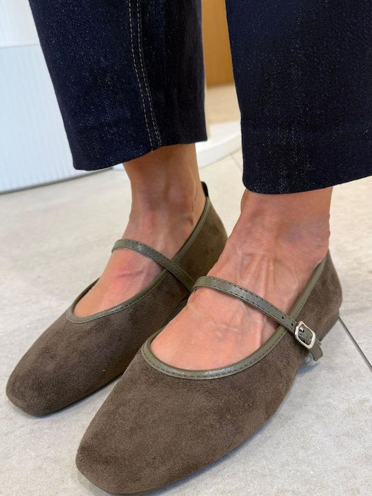Wildleder Damen Ballerinas Spitz zulaufend Mary Jane mit Riemchen / Riemchenverschluss Khaki