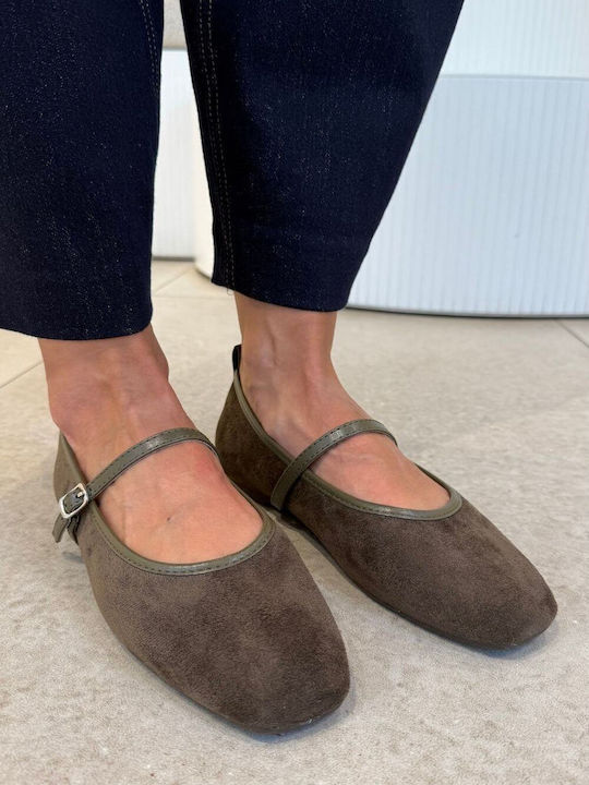 Wildleder Damen Ballerinas Spitz zulaufend Mary Jane mit Riemchen / Riemchenverschluss Khaki