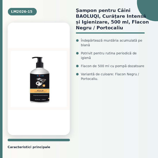 Șampon Pentru Câini Baoluqi Curățare Intensivă Dezinfectant 500 Ml Sticlă Neagră Portocalie