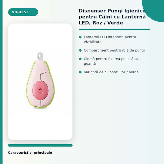 Dispenser Igienic De Saci Pentru Câini Lanternă Cu Led Roz Verde