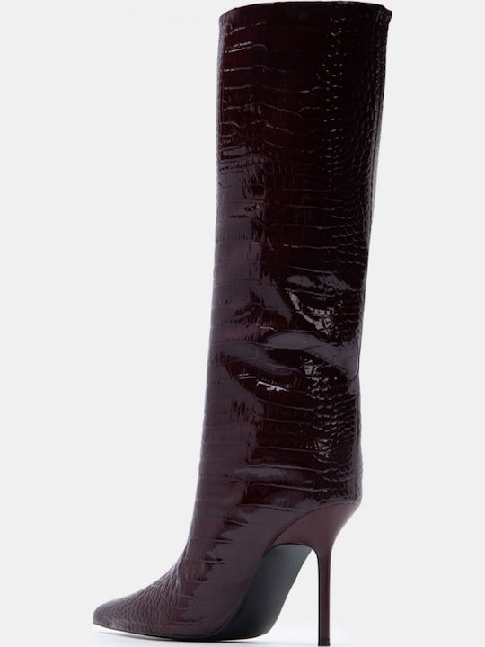 Cizme Dama de Catifea cu Toc Înalt Burgundy