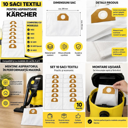 10 торбички за прахосмукачка 10 бр. Съвместими с прахосмукачка Karcher