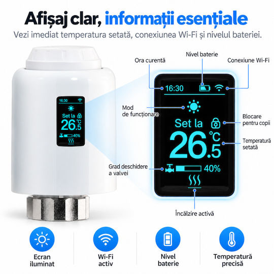 Cap De Termostat Electronic Cu Wi-Fi Pentru Calorifer 1 Bucată