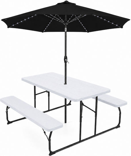 Set Sala De Mese Pentru Exterior 2 Bucăți Alb Și Negru Cu Orificiu Pentru Umbrelă Set Sala De Mese Pentru Exterior 2 Bucăți Alb Și Negru Cu Orificiu Pentru Umbrelă