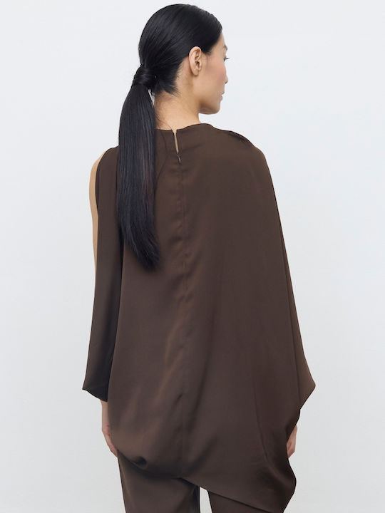 Damen Bluse Satin Ärmellose Drapierung Schokolade
