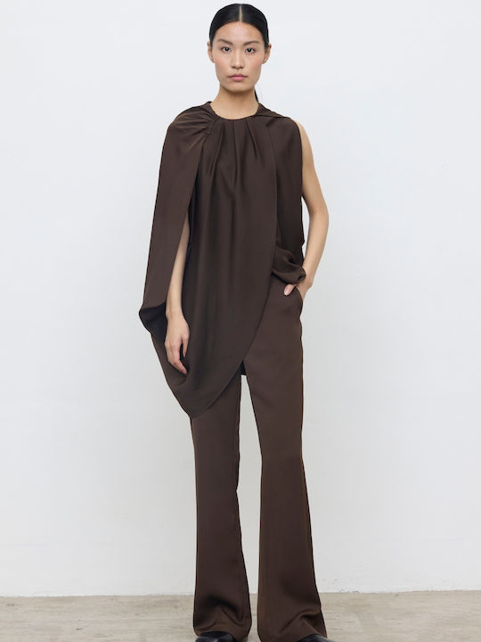Damen Bluse Satin Ärmellose Drapierung Schokolade