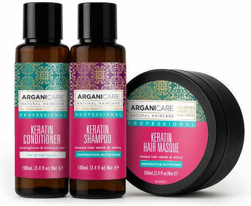 Arganicare Set Balsam de Păr cu Keratină Hrănitor și Fortifiant 100 Ml + Șampon de Păr cu Keratină Reparator și Hrănitor 100 Ml + Cremă Mască Tratament de Păr cu Keratină Hrănitoare și Reparatoare 100 Ml