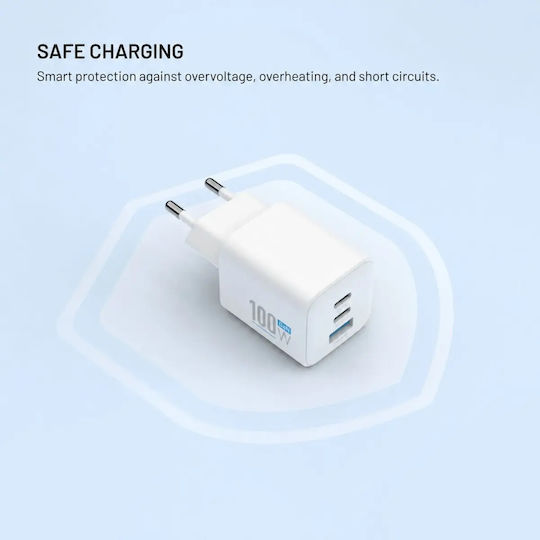 Fixed Încărcător Fără Cablu GaN cu Port USB-A și 2 Porturi USB-C 100W Power Delivery Alb (Mini)