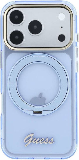 Guess Etui Iml Inel Stand 360 Script Metal Logo Compatibil cu Magsafe Do Iphone 18 Pro 17 Pro Albastru Deschis Guhmp18l6hccmsb