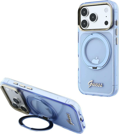 Guess Etui Iml Inel Stand 360 Script Metal Logo Compatibil cu Magsafe Do Iphone 18 Pro 17 Pro Albastru Deschis Guhmp18l6hccmsb