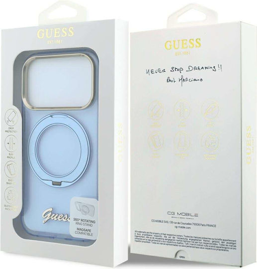 Guess Etui Iml Inel Stand 360 Script Metal Logo Compatibil cu Magsafe Do Iphone 18 Pro 17 Pro Albastru Deschis Guhmp18l6hccmsb