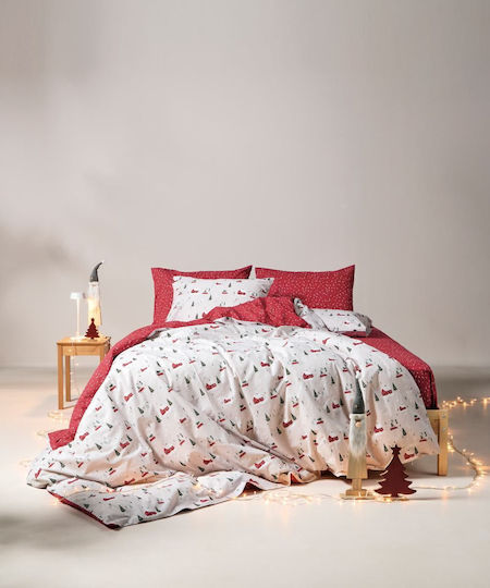 Kentia Set Duvet Cover Feliz Cotton 225x245cm Super King with 2 Pillowcases White-Red