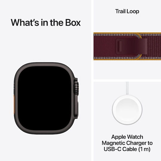 Apple Apple Watch Ultra 4 Titanium 49mm Wasserdicht mit PPG Sensor Schwarz Titan mit Burgunder Trail Loop M/L
