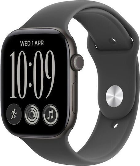 Apple Apple Watch Series 12 Cellular Алуминиев Водоустойчив 46 мм с Пулсомер (Черен алуминий с черна спортна каишка - M/L)