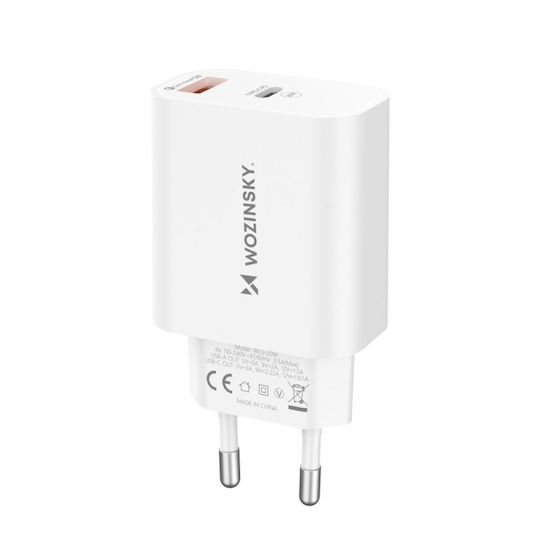 Wozinsky Зарядно устройство с USB-A порт и USB-C порт и кабел USB-C - USB-C 20W Power Delivery / Quick Charge 3.0 Бял (WLS-20W)