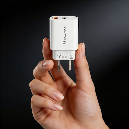 Wozinsky Зарядно устройство с USB-A порт и USB-C порт и кабел USB-C - USB-C 20W Power Delivery / Quick Charge 3.0 Бял (WLS-20W)