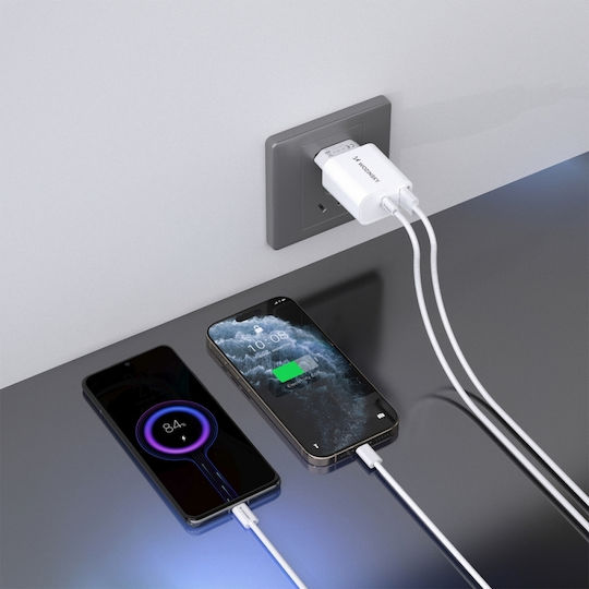 Wozinsky Зарядно устройство с USB-A порт и USB-C порт и кабел USB-C - USB-C 20W Power Delivery / Quick Charge 3.0 Бял (WLS-20W)