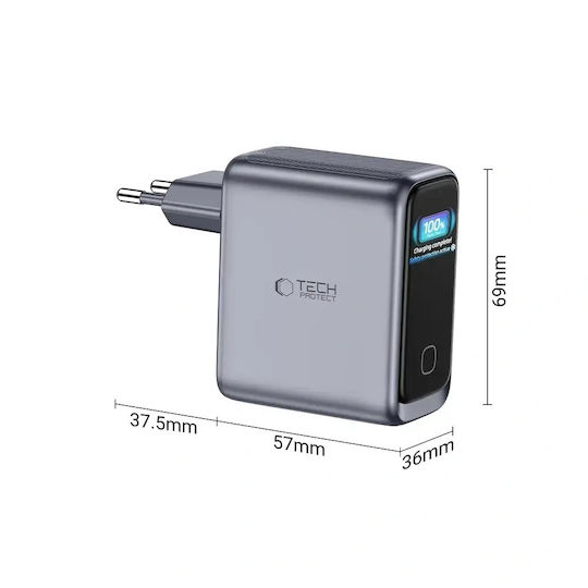 Tech-Protect Φορτιστής Χωρίς Καλώδιο με Θύρα USB-A και 2 Θύρες USB-C 100W Power Delivery / Quick Charge 3.0 Dark Grey (PowerVision NC100W-GaN)