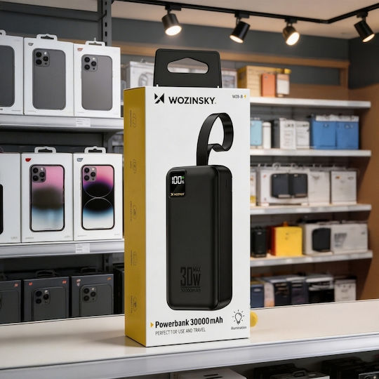 Wozinsky W8-W Външна батерия 30000mAh 30W с 2 USB-A изходни порта и USB-C изходен порт Черен