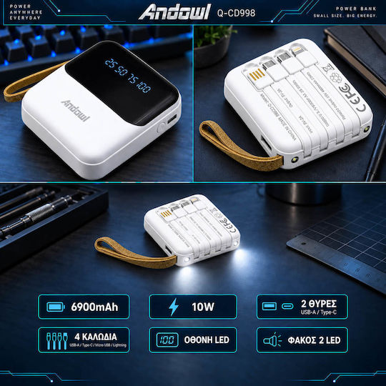 Andowl Външна Батерия 6800mAh 10W с USB-A Изходен Порт Бяла