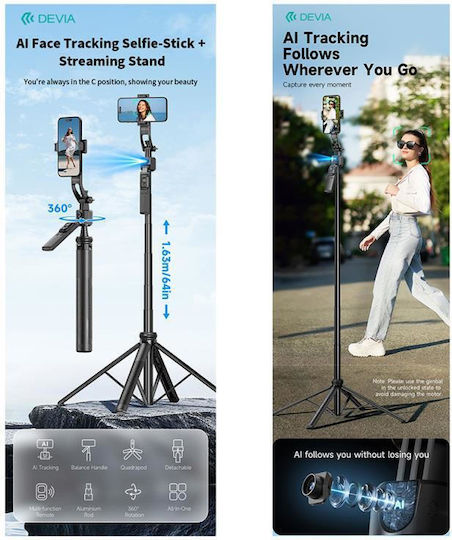 Devia ES086 C17 AI Face Tracking Selfie Stick Cell Phone Tripod Bluetooth Black