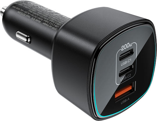 Acefast Car Charger 200W 5A Fast Charging with Ports 1xUSB-A 2xType-C Black Colour