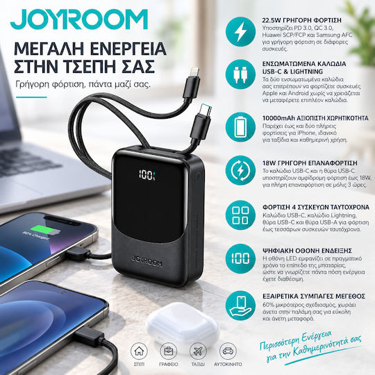 Joyroom JR-PC1 Power Bank 10000mAh 22.5W with USB-A Port and USB-C Power Delivery Port Black