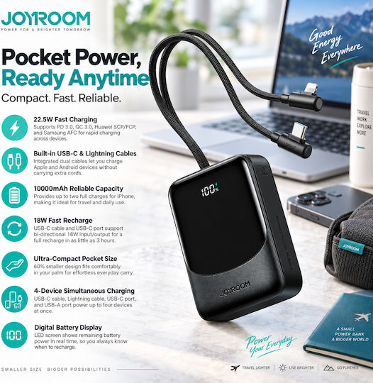 Joyroom JR-PC1 Power Bank 10000mAh 22.5W with USB-A Port and USB-C Power Delivery Port Black